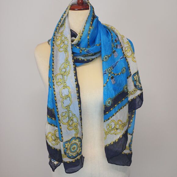 Womens Cliquetis Nautical Scarf Blue Gold Silky Designer Inspired Nouveau 70x26" - Picture 1 of 11